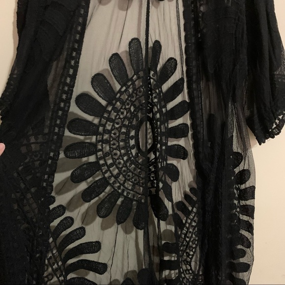 Kimono Shawl Drape Cape Duster Black short sleeve lace sheer one size - Picture 7 of 9